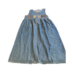 Vtg Denim‎ Republic Button Front Womens large Denim Maxi Dress Sleeveless Hearts
